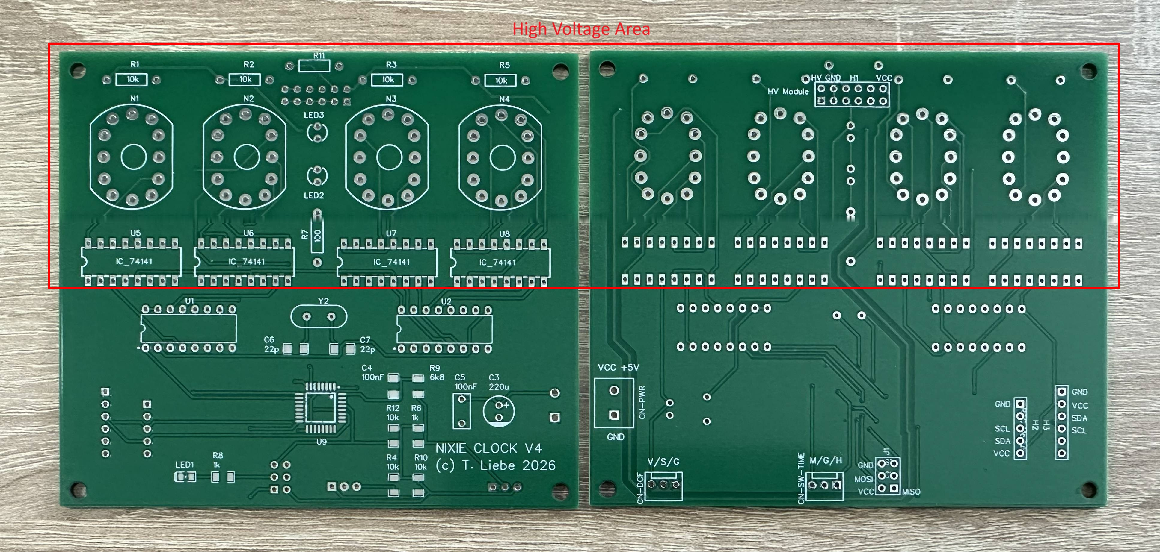 Leiterplatte der NIXIE-Uhr V4 mit markiertem Hochspannungsbereich
